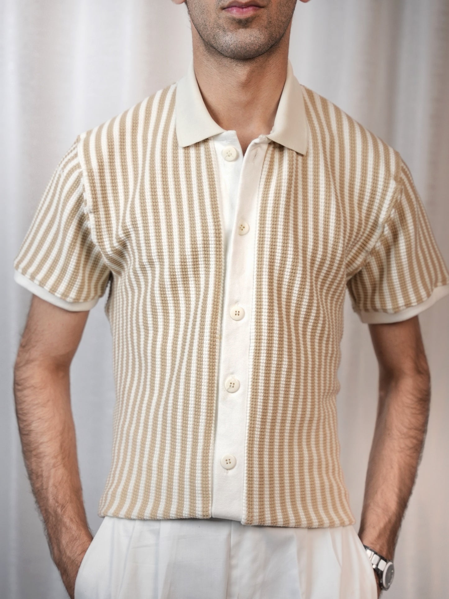 Textured Groove Crochet Shirt - Half Sleeves