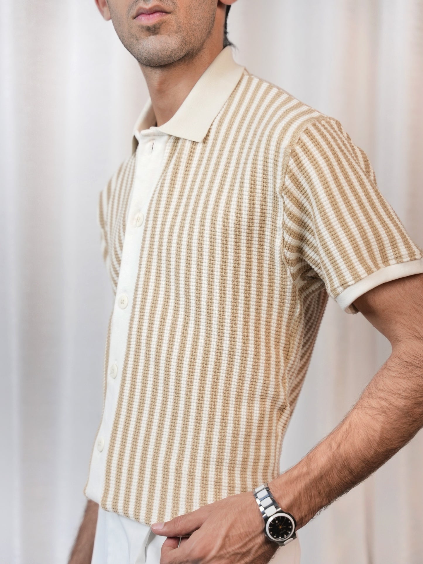 Textured Groove Crochet Shirt - Half Sleeves